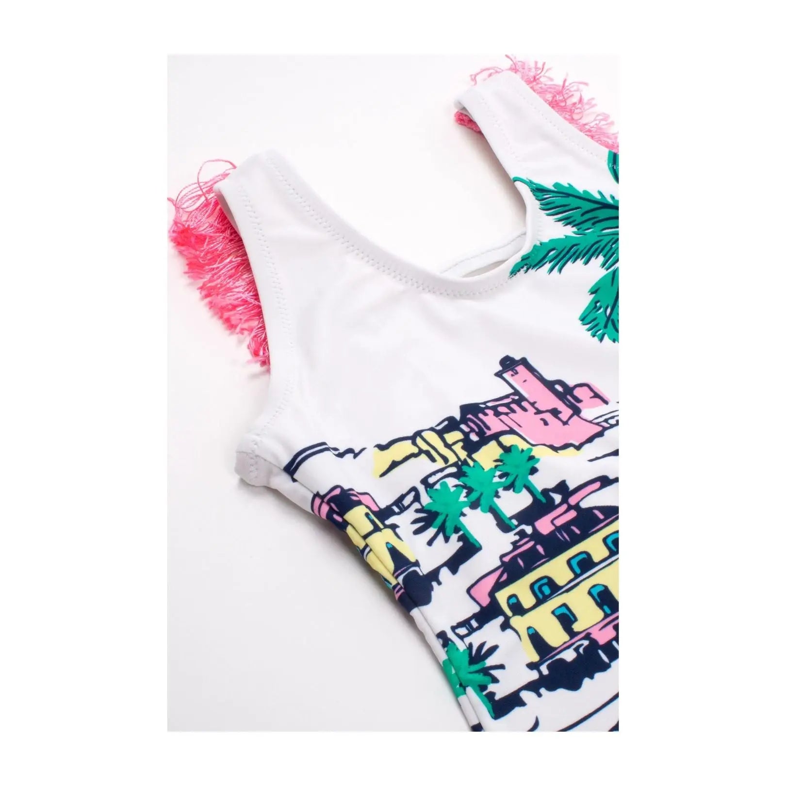 Toddler White Beachscape Fringe Back One Piece Swimsuit Shade Critters