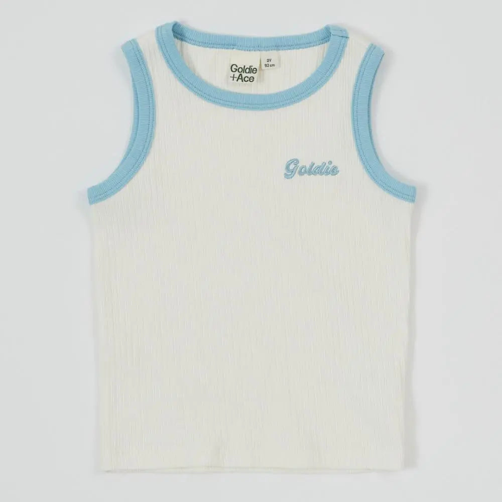 Kid Embroidered Colour Pop Rib Singlet White/Blue Goldie & Ace