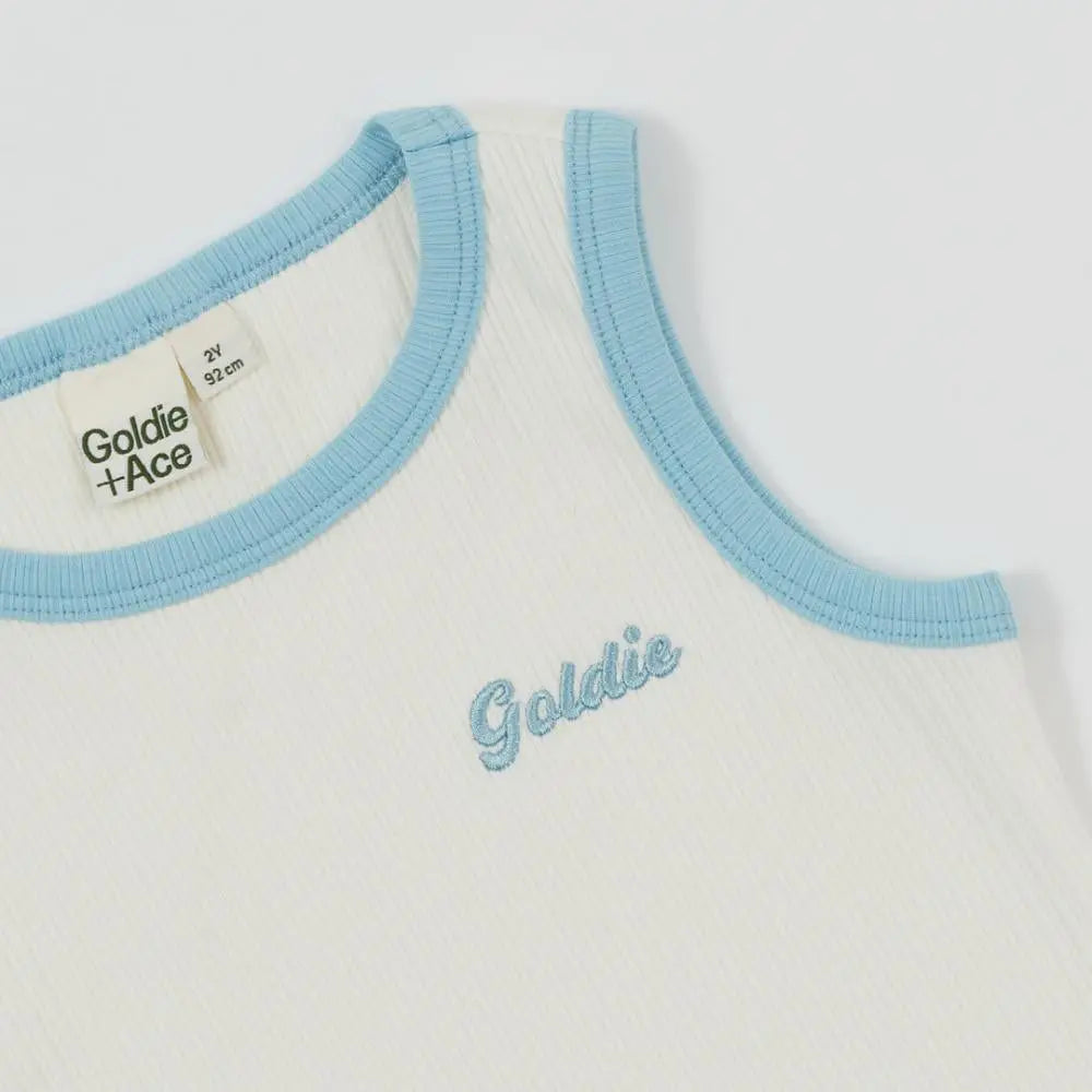 Kid Embroidered Colour Pop Rib Singlet White/Blue Goldie & Ace