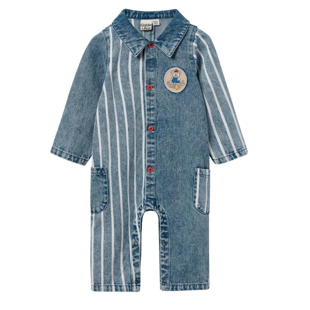 Baby Buddy Badge Denim Stripe Romper Goldie&Ace