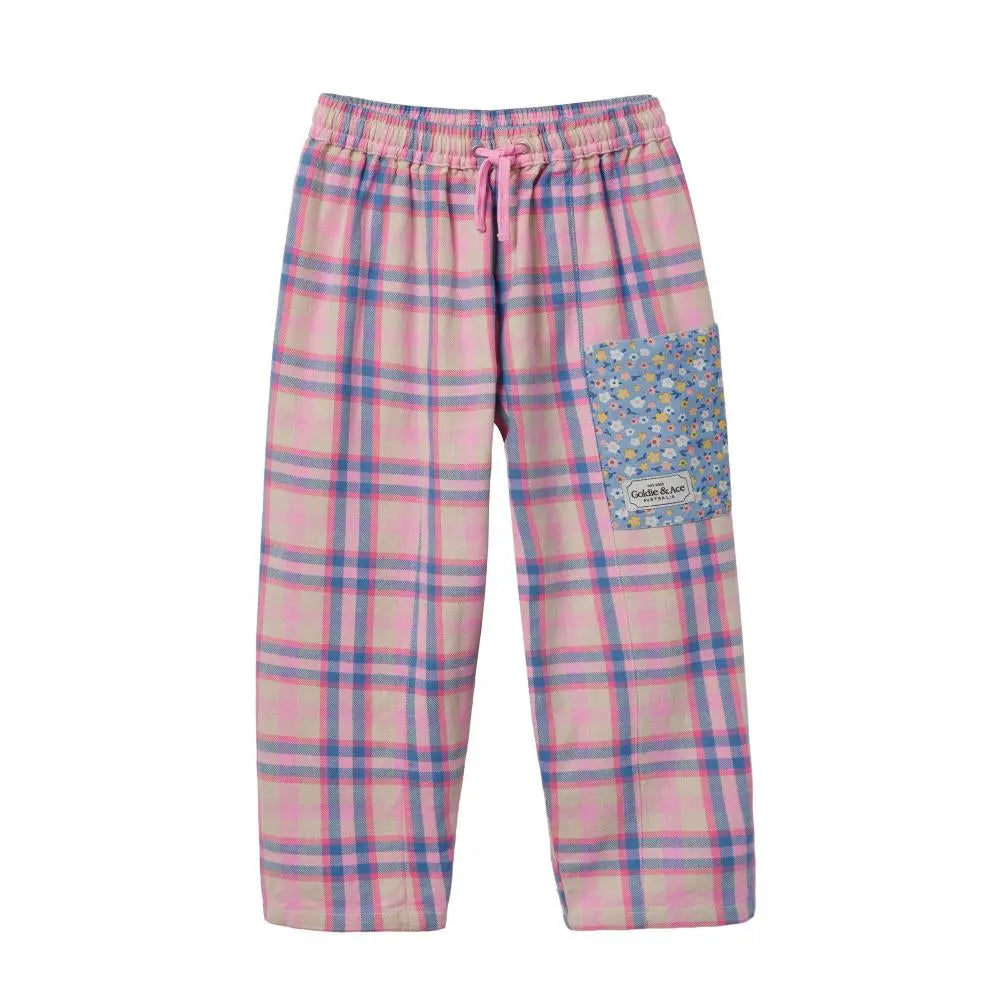 Kid Pink Plaid Floral Pocket Kit Pants Goldie&Ace