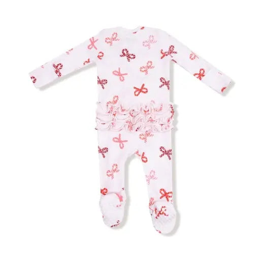 Baby Candy Cane Bows - 2 Way Zipper Ruffle Back Footie Angel Dear