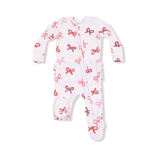 Baby Candy Cane Bows - 2 Way Zipper Ruffle Back Footie Angel Dear