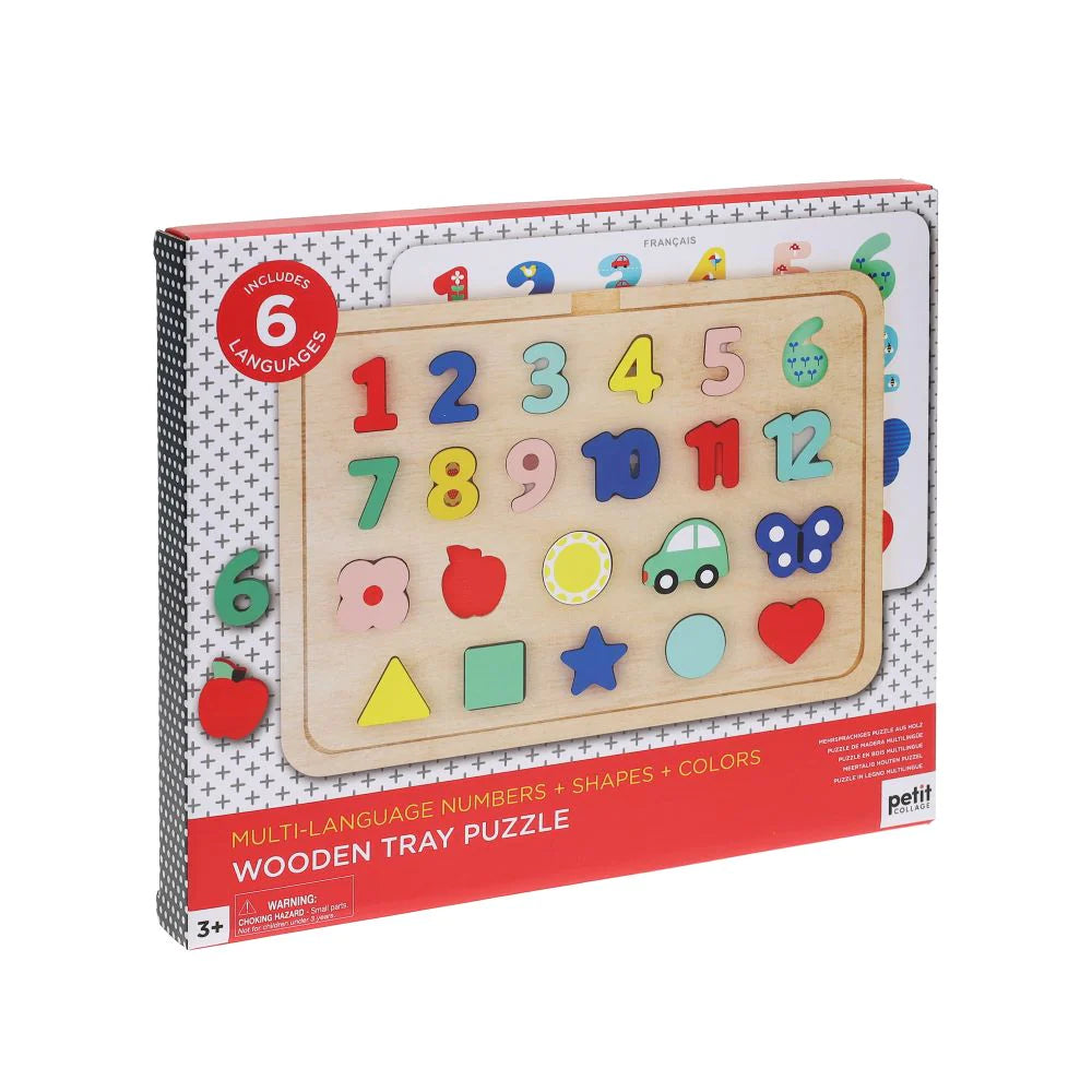 Wooden Tray Puzzle: Multi-language Numbers, Shapes, & Colors Petit Collage