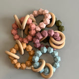 Geo Bead Wooden Teething Ring and Rattle in Slate three hearts modern