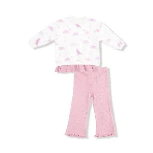 Kid Soft Dinos- French Terry - Purple - Pull Over Sweatshirt with Ruffle and Waffle Flare Pant Angel Dear