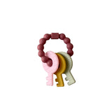 Little Keys Teething Ring in Mauve three hearts modern