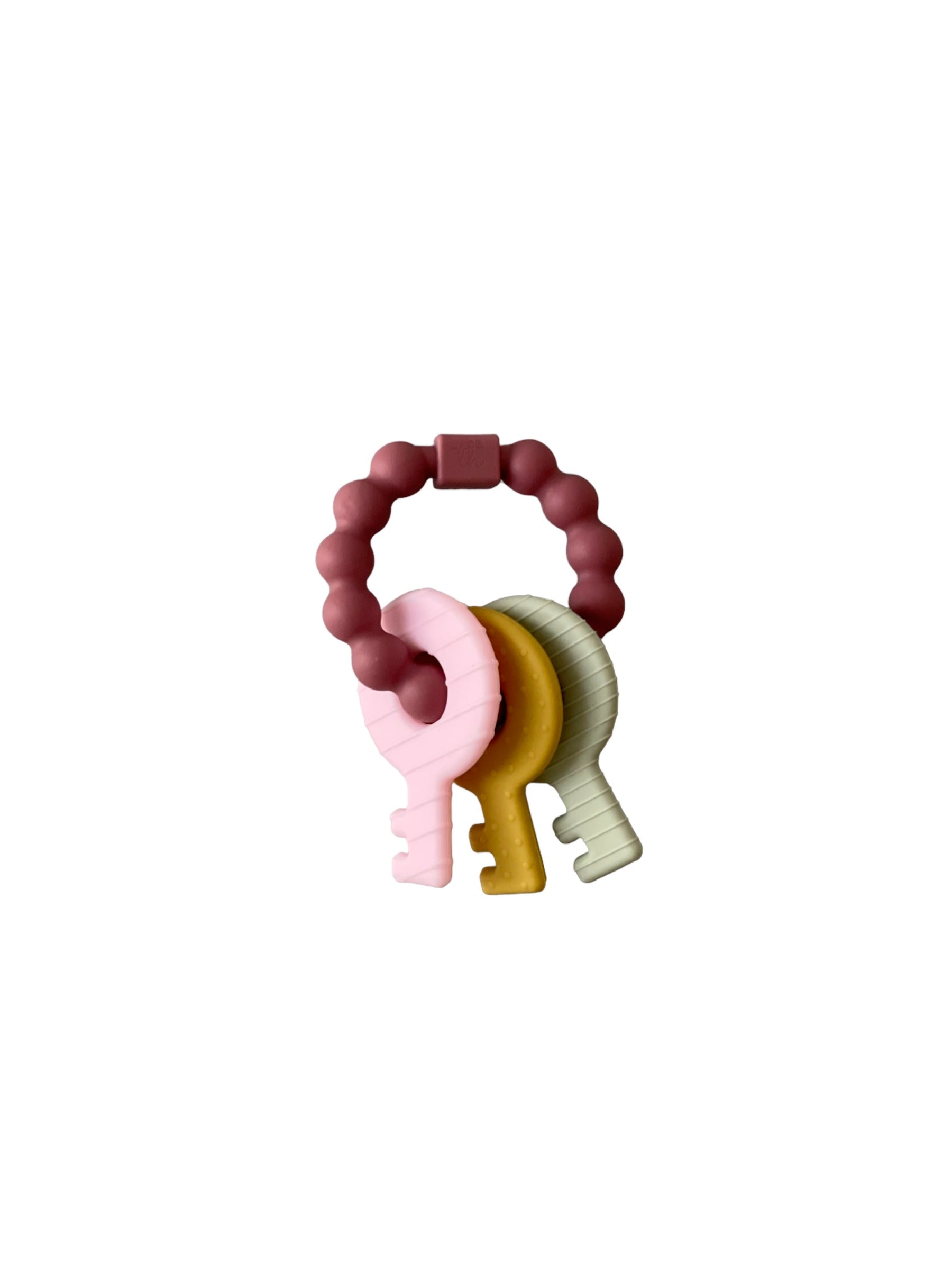 Little Keys Teething Ring in Mauve three hearts modern