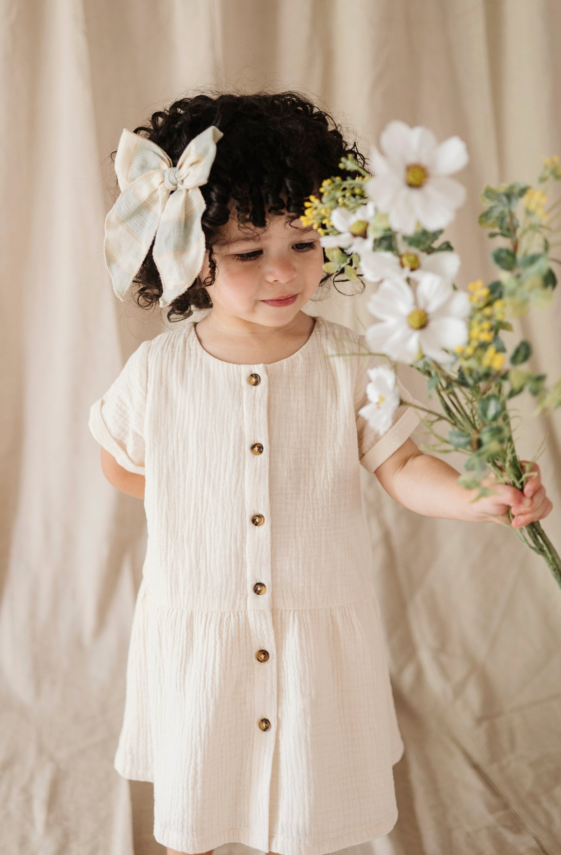 Kid Gauze Button Dress in Cream Babysprouts