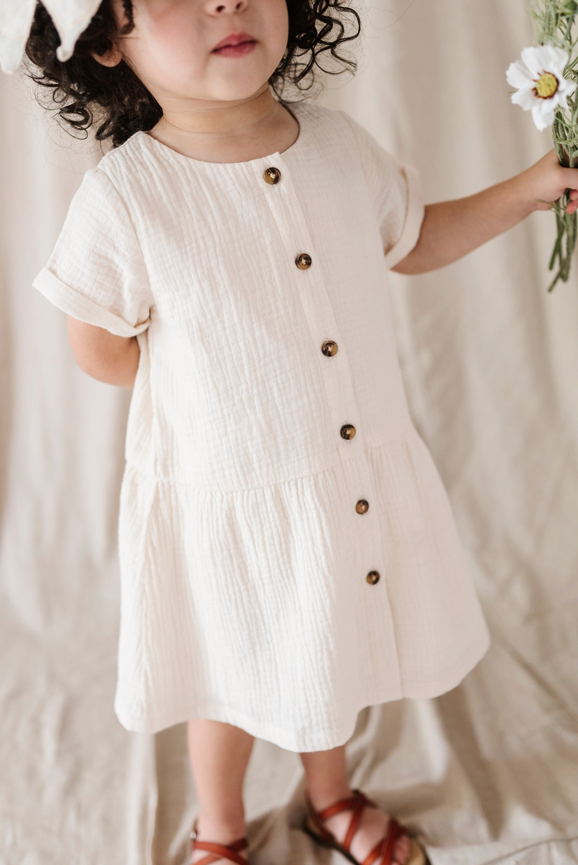 Kid Gauze Button Dress in Cream Babysprouts