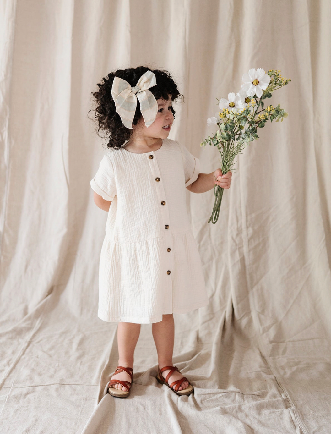 Kid Gauze Button Dress in Cream Babysprouts