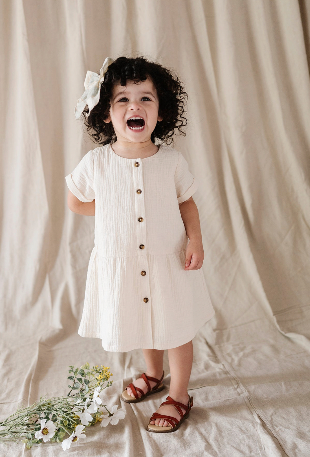 Kid Gauze Button Dress in Cream Babysprouts
