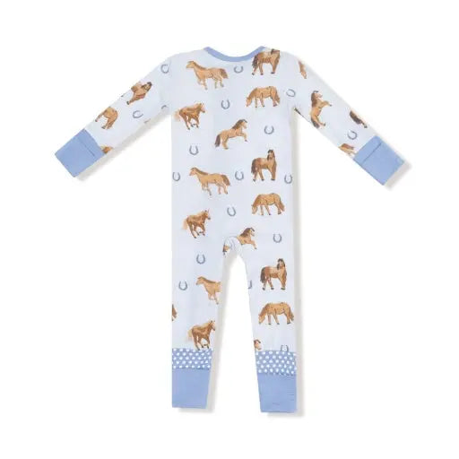 Baby 2-way Blue Zipper Romper with Horses Angel Dear