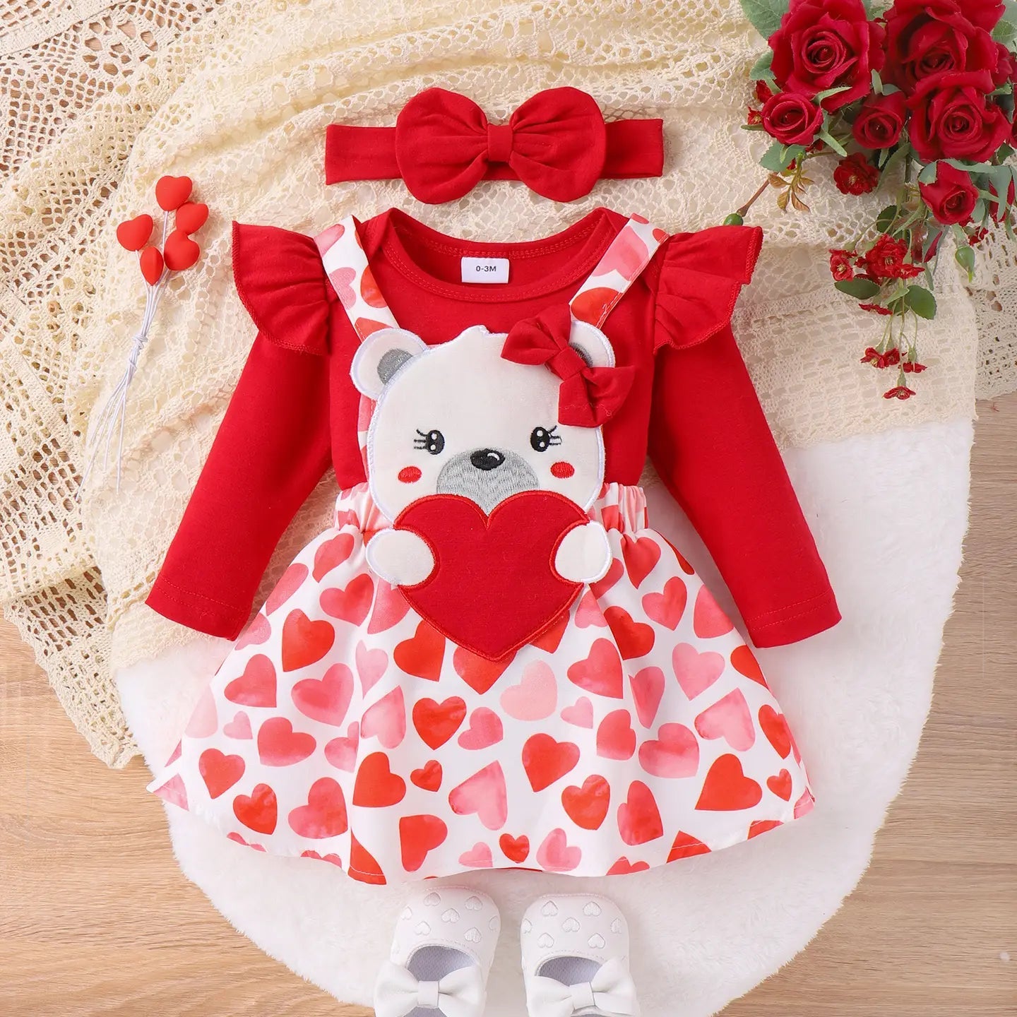 Baby 3PCS Valentine Bear Embroidery Romper, Overall Skirt PatPat