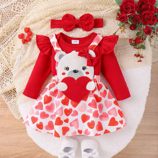 3PCS Baby Valentine Bear Embroidery Romper, Overall Skirt