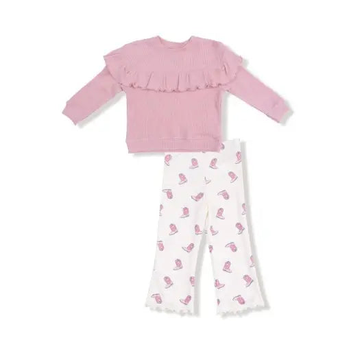 Kid Petite Cowgirl Boots Ruffle Waffle Top and Rib Flare Pant Angel Dear