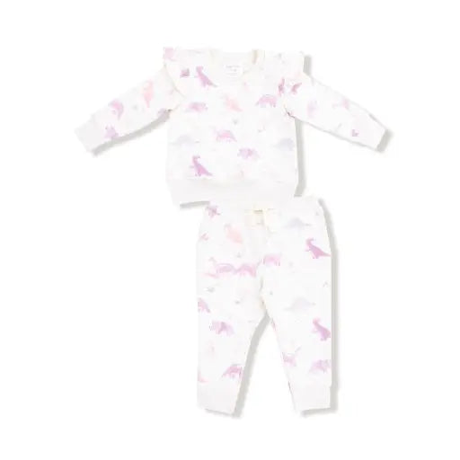 KidSoft Dinos- French Terry - Purple - Ruffle Sweatshirt and Jogger Pant Angel Dear