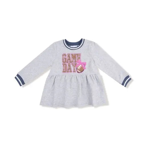 Kid French Terry Sport - Varsity - Light Grey Heather - French Terry Dress w/ Game Day Patch Angel Dear