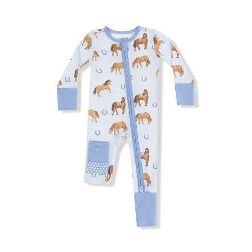 Baby 2-way Blue Zipper Romper with Horses Angel Dear