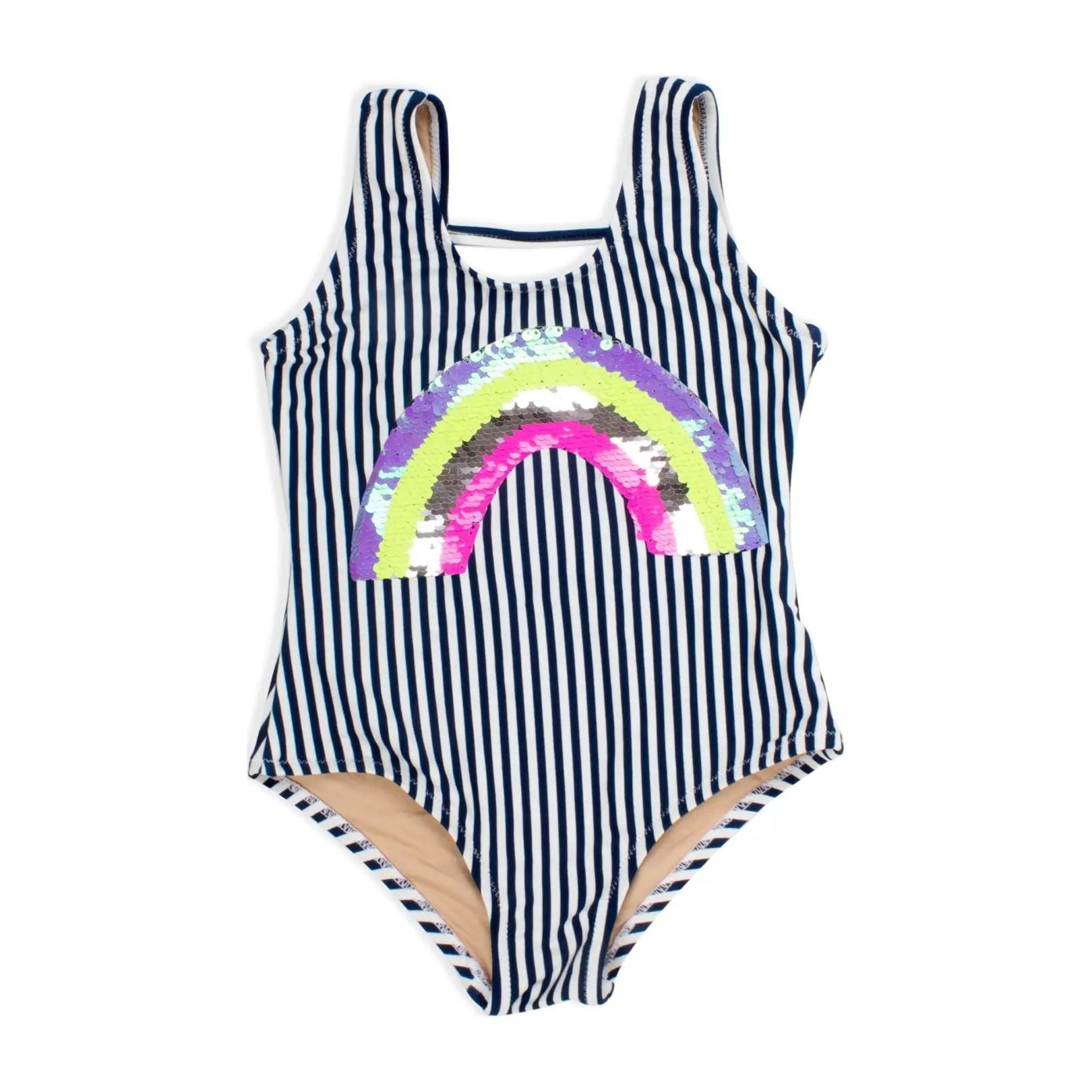 Toddler Navy Stripe Rainbow One Piece Swimsuit with Reversible Sequins Shade Critters