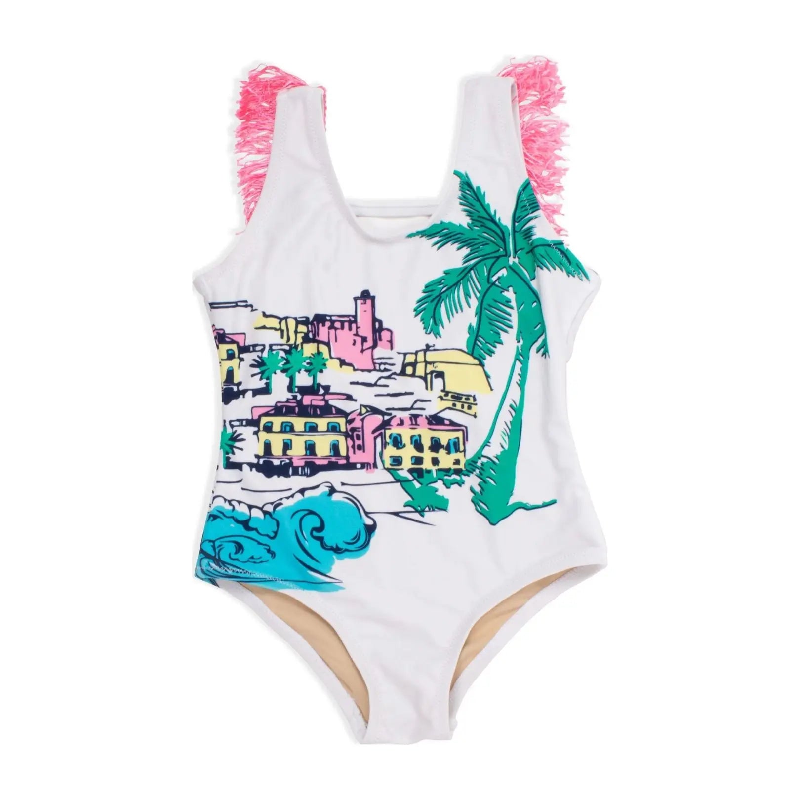 Toddler White Beachscape Fringe Back One Piece Swimsuit Shade Critters
