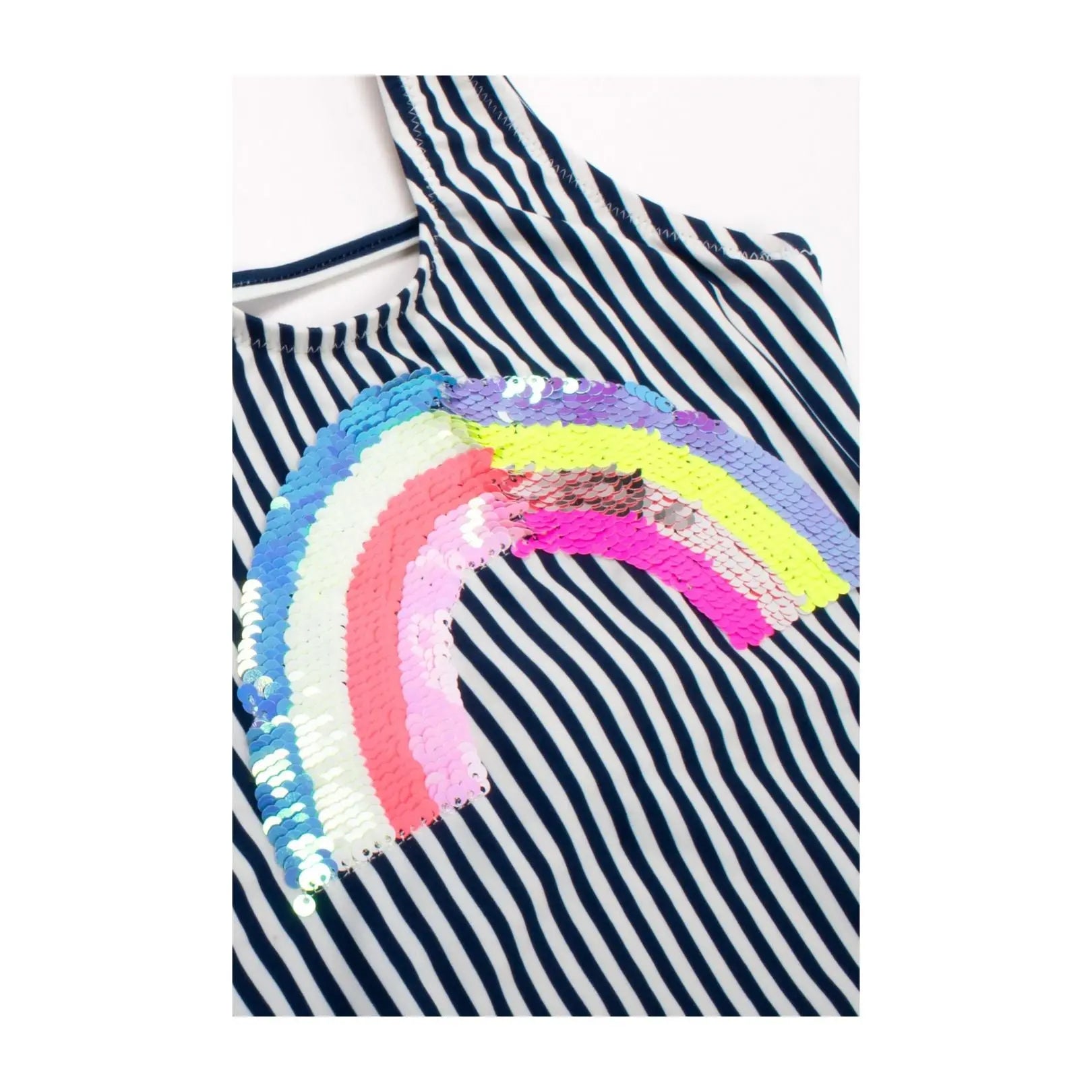 Toddler Navy Stripe Rainbow One Piece Swimsuit with Reversible Sequins Shade Critters
