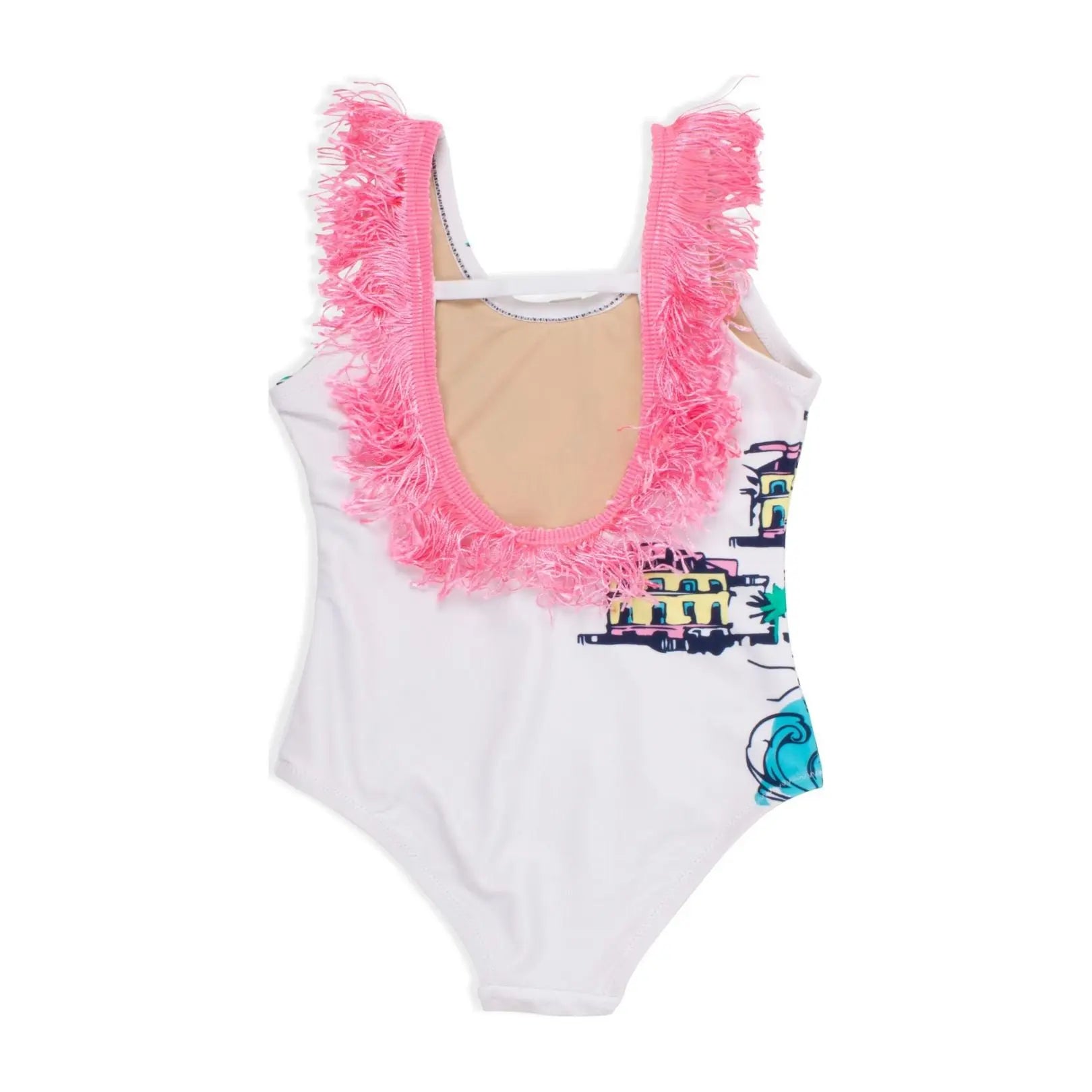 Toddler White Beachscape Fringe Back One Piece Swimsuit Shade Critters