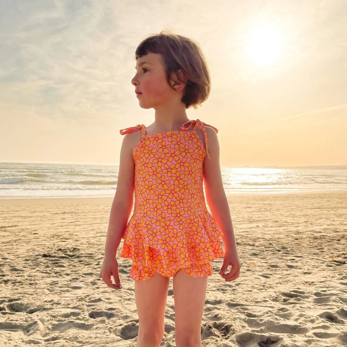 Pink and Yellow Flower Power Two Piece Ruffle Swimsuit Set