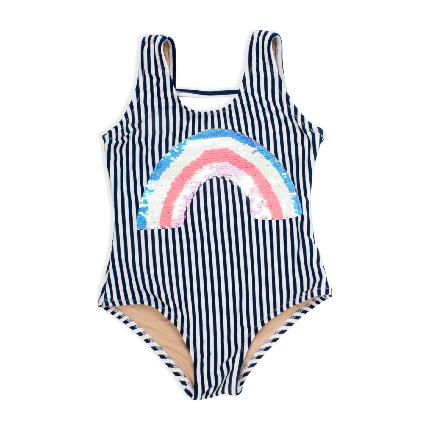 Navy Stripe Rainbow One Piece Swimsuit with Reversible Sequins