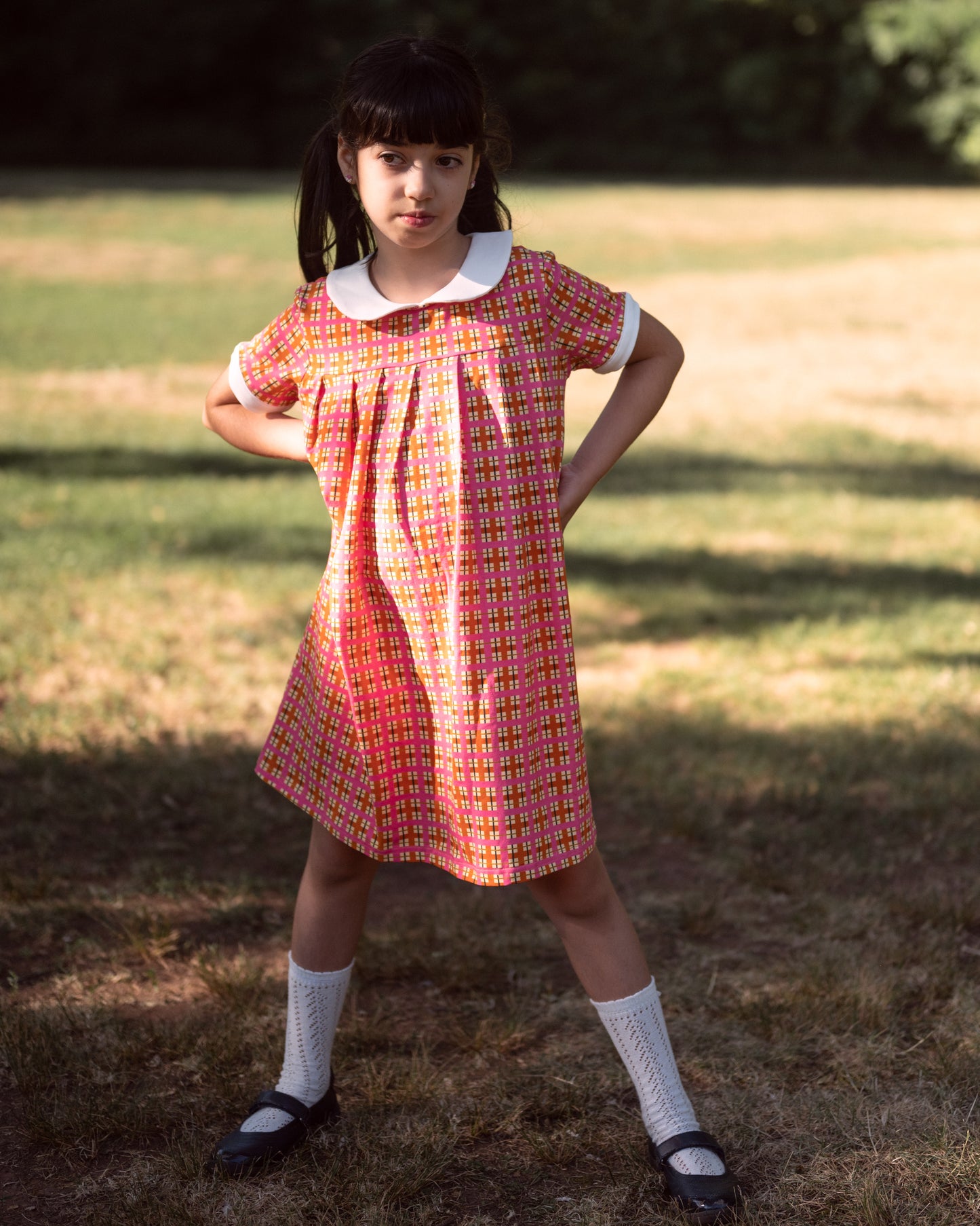 Retro Pink Plaid Pleated Peter Pan Collar Dress