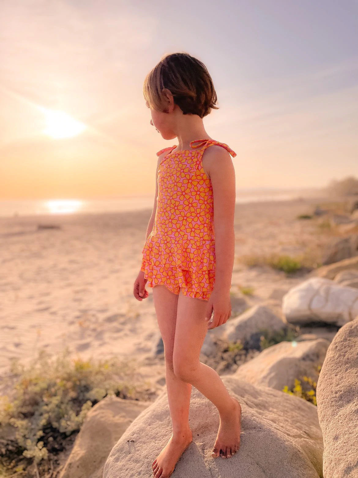Kid Pink and Yellow Flower Power Two Piece Ruffle Swimsuit Set STRAWBERRY JAM