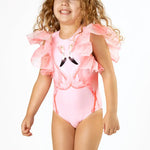 Kid Pink Flamingo Tulle Sleeve One Piece Swimsuit Shade Critters
