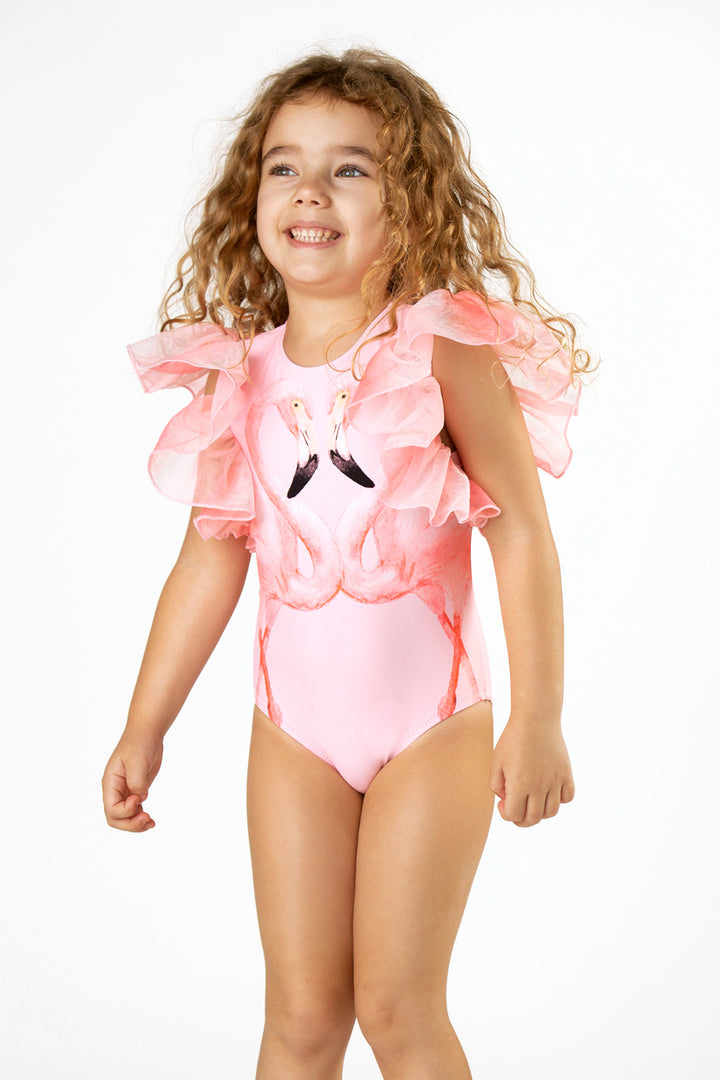 Pink Flamingo Tulle Sleeve One Piece Swimsuit