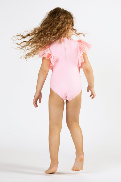 Pink Flamingo Tulle Sleeve One Piece Swimsuit