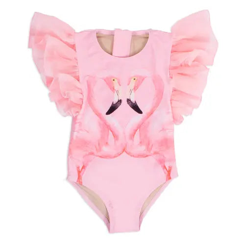 Kid Pink Flamingo Tulle Sleeve One Piece Swimsuit Shade Critters