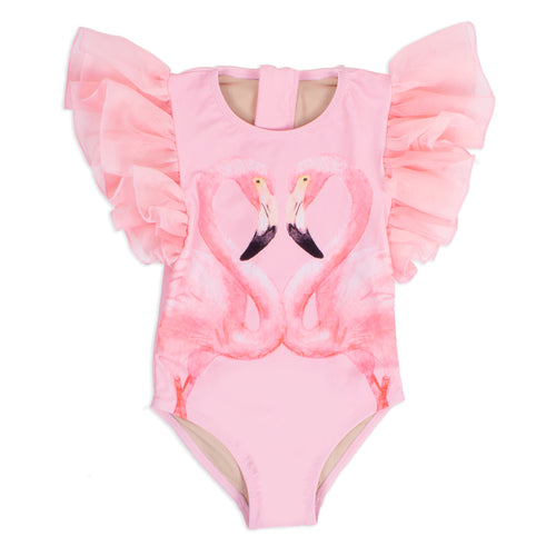 Pink Flamingo Tulle Sleeve One Piece Swimsuit