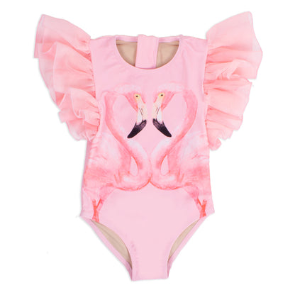 Pink Flamingo Tulle Sleeve One Piece Swimsuit