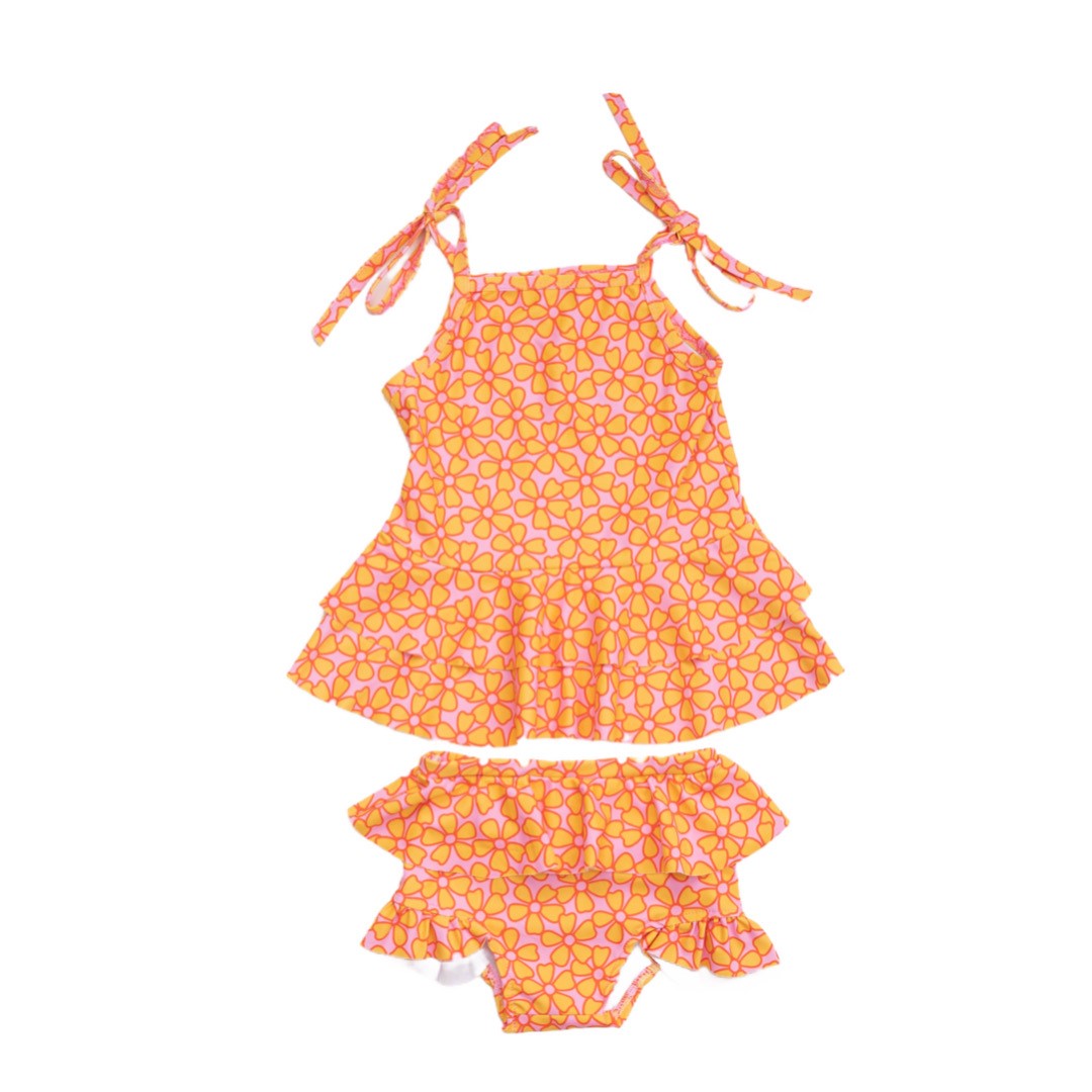 Kid Pink and Yellow Flower Power Two Piece Ruffle Swimsuit Set STRAWBERRY JAM