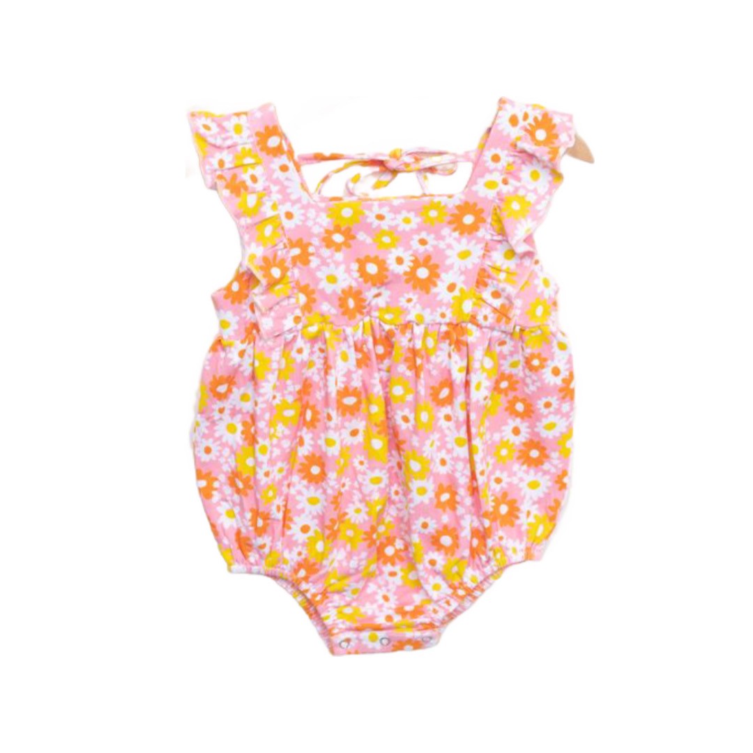 Pink and Yellow Tie Back Flutter Romper